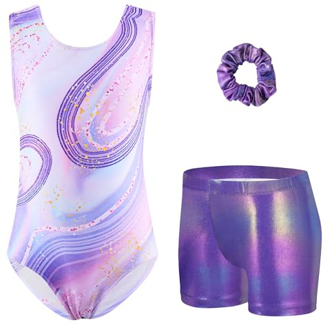 Arshiner Mädchen Gymnastik Trikot Kinder Ärmellos Dreiteilig Gymnastikanzug | Turnbody Gedruckt,Gymnastik Outfit,Training Turnanzug,Turn-Leotard,Gymnastikbody Set,Tanzbekleidung,Dancewear,3-12 Jahre