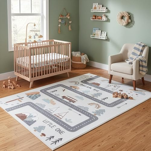 Carpetsale24 Kinderteppich Straße Spielteppich für Kinderzimmer in Creme mit Fahrzeug und Natur Motiv Größe 160x230 cm perfekt für große Kinderzimmer