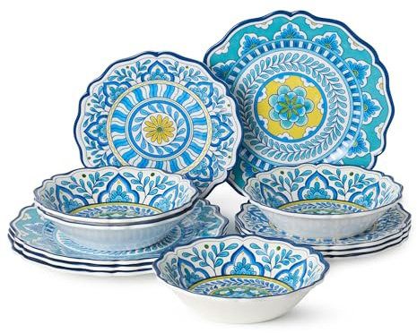 Porto 12 Pc. MELAMINE DINNERWARE SET, SERVICE for 4 – artistically designed Talavera Tile Art, Turquoise Blue Yellow Mandala