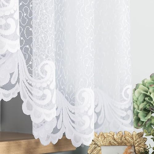 Gardinen Vorhangen Weiß Jacquard 300x160 cm (BxH) Setsuna Scheibengardine Bistrogardine Bogenform Kurzstore Fertiggardine Mit Kräuselband Küchengardine Für Küche Wohnzimmer Fensterdeko