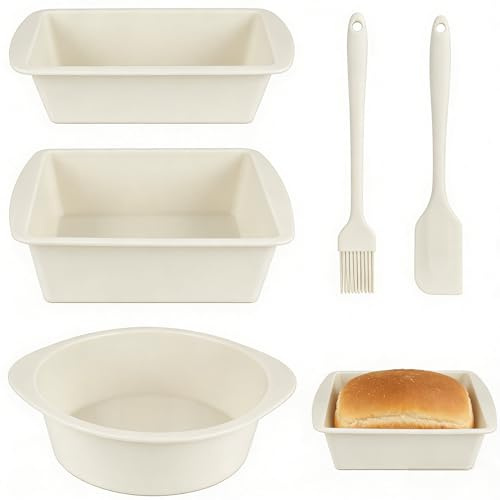 3 Stück Silikon Backformen Set mit Ölpinsel & Spatel, Lebensmittelecht Antihaft Silikonbackform Kastenform & Rundform, Hitzebeständige Silikon Kuchenform für Kuchen,Brot,Quiche,Gebäck&Toast(Cremeweiß)