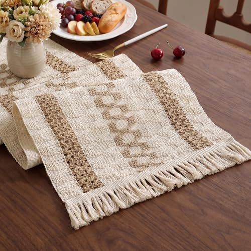 30x180CM Tischläufer Boho, Tischläufer Leinen Landhausstil, Table Runner Mit Quasten, Abwaschbar Tischdeko Für Küche, Esstisch, Esszimmer, Hochzeitsdeko, Dreifache Streifen