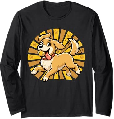 Joyful Golden Retriever Saltando Palla da Tennis Cartone Animato Cane Amore Maglia a Manica