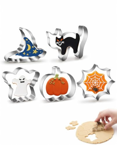 KACZUS Juego de 5 Moldes para Galletas de Halloween de Acero Inoxidable – Halloween con Forma de Calabaza, Murciélago, Sombrero de Bruja, Gato y Fantasma – Moldes para Fondant y Decoraciones de Fiesta