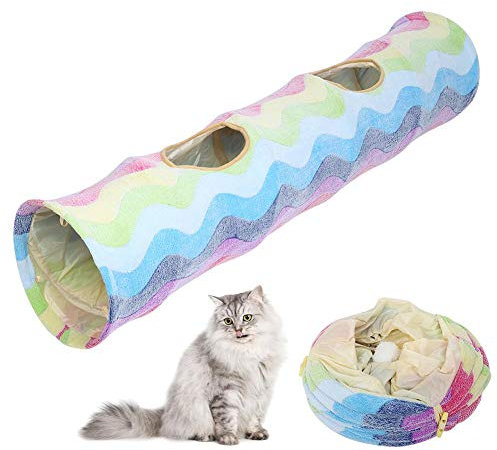 Katzentunnel zusammenklappbar Bunt Katzentunnel Spielzeug Buntes Ringpapier Katzenröhrchen Spielzeug Haustier Indoor Hiding Tunnel Spielzeug mit hängendem Ball(Bunt)