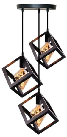 LEDSone 3 Head Black Square Cage Pendant Light Shade, Modern Metal Cage Loft Bar Triple Hanging Pendant Ceiling Light Fittings with Height Adjustable Cable for Living Room, Hotel, Cafe, Dining Room