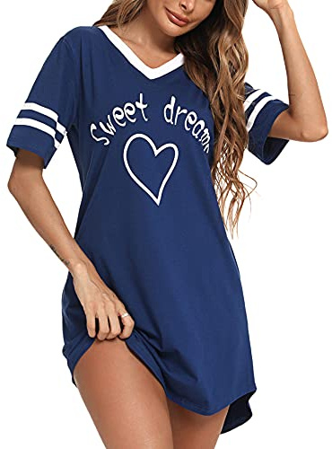 Litherday Chemise de Nuit Femme en Coton Robe de Nuit à Manches Courtes Vêtement de Nuit avec Col V Rayé Motif Coeur et Impression Imprimé,Bleu Marine,S