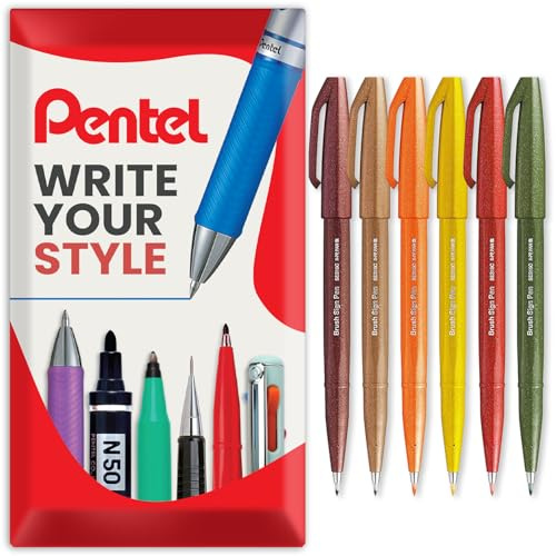 Pentel Brush Sign Pen SES15C – Pinselspitze – Faserspitze – 6er-Set – in Umschlag Geschenkverpackung – Herbsttöne
