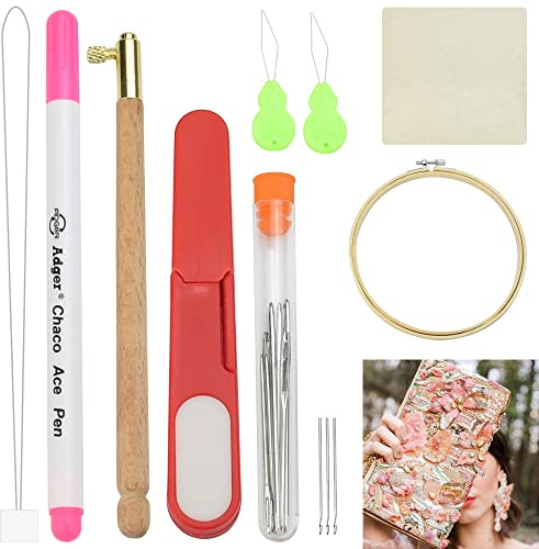 BUENTYA Stickerei Perlen Stanznadel Stickerei Set Holzgriff Stickstifte Stanznadeltuch Verstellbare Teppichgarn Stickerei Punch Nadel Werkzeuge Set Stickrahmen Stoff Ösennadeln Einfädler für DIY