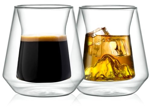 NutriChef Double Wall Insulated Glasses - 2pcs 8 oz High Borosilicate Glass Sweat Free Mugs Clear Drinkware for Hot/Cold Drinks, Coffee, Espresso, Cappuccino, Latte, Tea, Microwavable, Dishwasher Safe