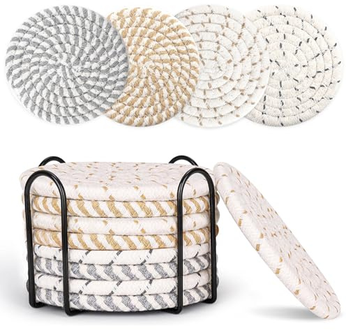 Meltset M Coasters for Drinks Set of 8 with Holder Cotton Woven Cup Mats