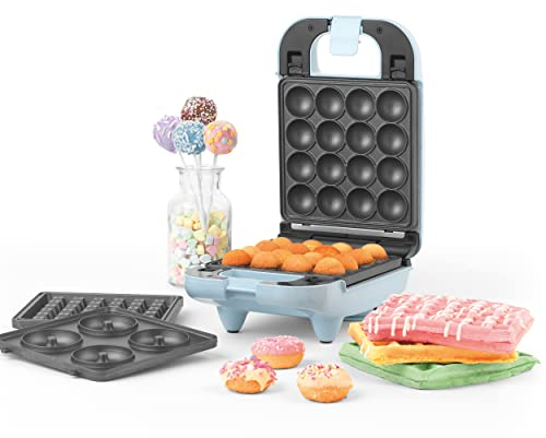 Petra PT4943BLNVDEEU7 - Macchina per dolcetti compatta 3 in 1, ciambelle deliziose, cake pop e waffle, macchina per waffle e dolcetti, piastre rimovibili facili da pulire, 650 W, blu pastello