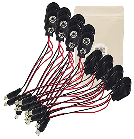 10x Cavo connettore da batteria da 9V a presa Jack di alimentazione 5,5x2,1mm - cavo di lunghezza 10 cm.