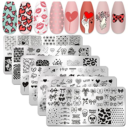 SILPECWEE 6 Pieces Valentine's Day Nail Stamp Nail Stamping Plate Holiday Heart Nails Design Nail Stencils Nail Art Template Nail Polish Stamp Tools Nail Art Accessories for Acrylic Nails
