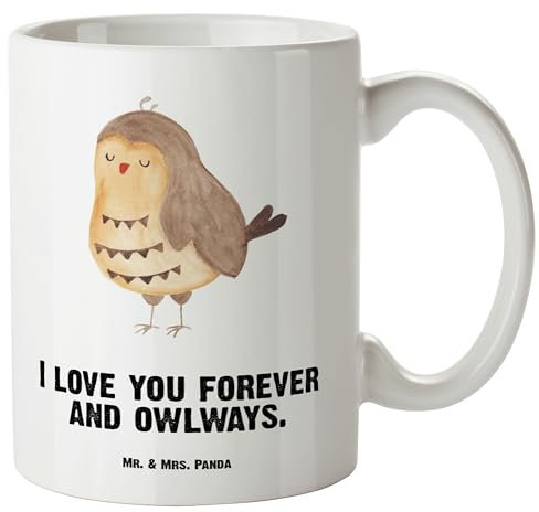 Mr. & Mrs. Panda XL Tasse Eule Zufrieden - Geschenk, Deko, Hochzeitstag, Owl, Große Keramiktasse, Riesentasse, Mit Henkel, Liebesspruch, Riesenkaffeetasse, Romantisch, Jumbo