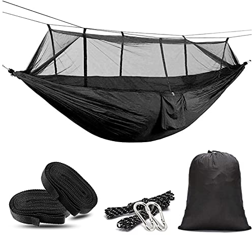 Hängematte, Leichte Reisehängematte bis 2 Personen 200 kg Tragkraft, Camping Hängematte Outdoor mit Moskitonetz für Trekking, Survival, Garten,Schwarz