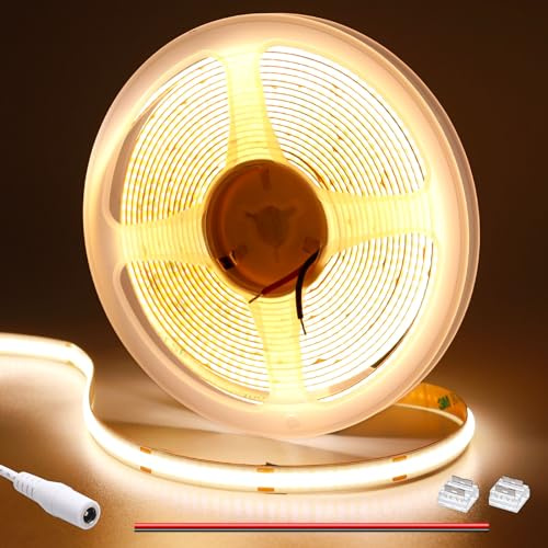 GOMING 12V 5M COB LED Streifen Warmweiss 3000K LED Strip Warmweiß 11W/M | 312LEDs/M LED Band Selbstklebend CRI 93+ Nicht Wasserdicht IP20 für Innen Heim Deko(Netzteil nicht Enthalten)