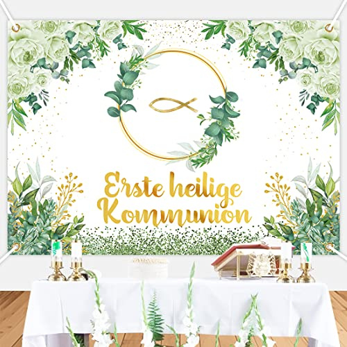 Erste Heilige Kommunion Banner 170x120cm, Kommunion Deko Junge Mädchen, Erstkommunion Deko Banner Grün