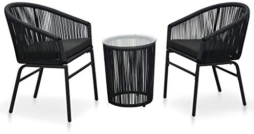 BULANED 3-TLG. Bistro-Set mit Kissen, Bistrotisch Mit 2 Stühlen, Gartenset Tisch Und Stühle, Balkontisch Klein, Bistroset, PVC Rattan Schwarz