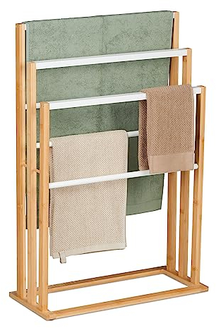 Relaxdays Handtuchständer, 6 Stangen, Bambus, H x B x T: 82 x 55 x 24 cm, freistehend, Bad Duschtuchhalter, Natur/weiß