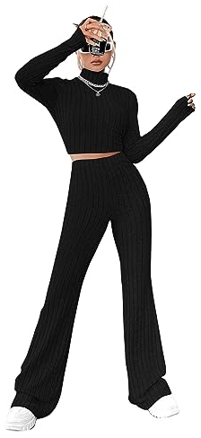 GORGLITTER Oberteil Und Hose Set Damen Crop Top Langarm Strick Schlaghose Zweiteiler Set Bauchfreies Oberteil Langarm Crop Shirt Strick Hosen Set Schwarz L