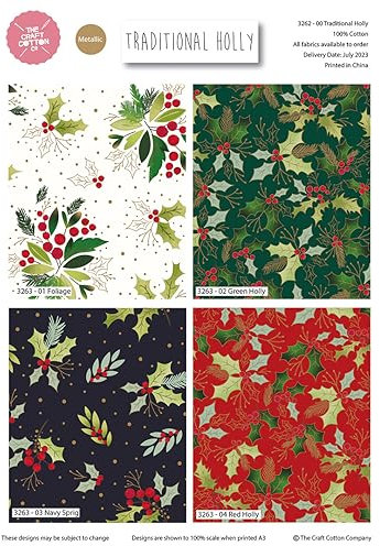Traditionelle Weihnachts-Stechpalmen-Baumwolle, Fat Quarter, Bündel mit 4 Quilt-Stoffen.