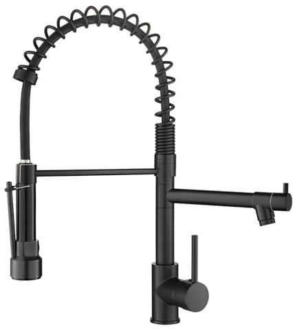 AIMADI Black Kitchen Faucet with 2 Function Sprayer,Commercial Stainless Steel Single Handle Single Hole Spring Matte Black Kitchen Faucet