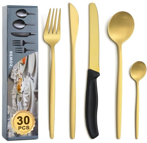 BEWOS 30-teiliges Gold Besteck Set mit Steakmesser, Besteckset für 6 Personen mit Gabeln, Messern und Löffel, spülmaschinenfestes Besteck für die heimische Gastronomie, lebensmittelechtes Besteck