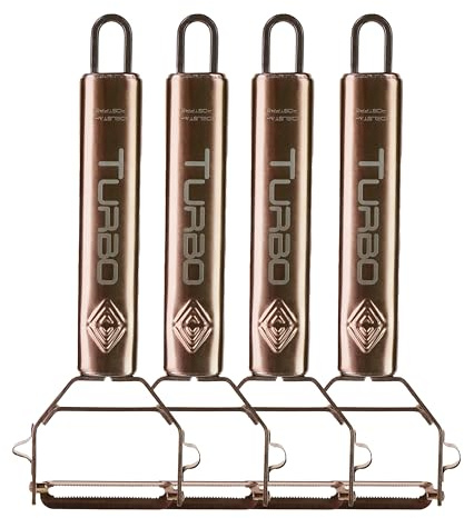 TURBO PRODUKTE 4 Stück Sparschäler Rosé aus Edelstahl für Obst & Gemüse - Vor-und Rückwärts mit Pendelklinge für Links- & Rechtshänder - 3in1 Funktion