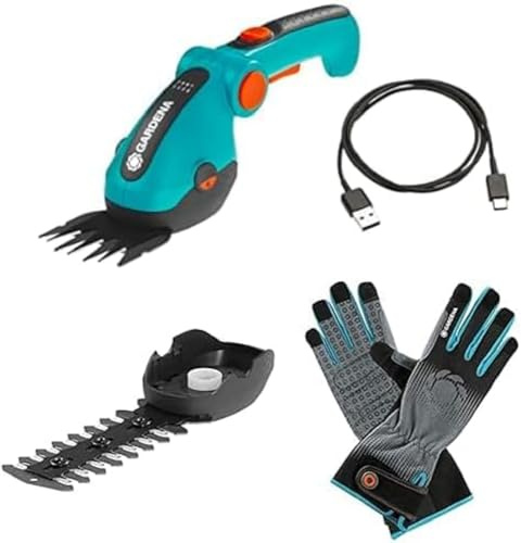 Gardena Akku-Grasschere ComfortCut Li: Rasenkantenschere mit 8 cm Schnittbreite(9887-20) + Strauchmesser 12 cm + Gardena Strauchpflegehandschuh Größe 9/L(11531-20) L (1er Pack)