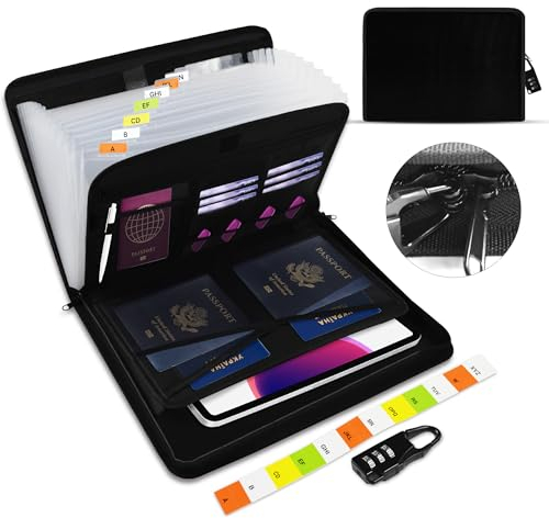 Qefuna Feuerfeste Dokumentenmappe-13 Fächern,Expanding Fächermappe A4,Accordion Document Organizer,Datei Kommt mit farbigen Etiketten und feuerfesten Reißverschlüssen für Wertsachen(Schwarz)