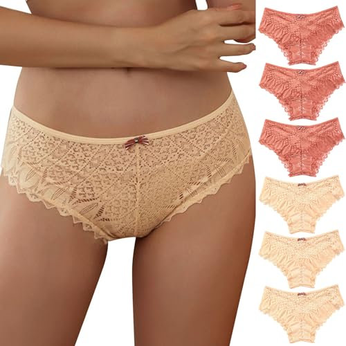 CSWH 6er Pack Unterhosen Damen Sexy Spitzen Unterwäsche Frauen Mittel Taille Atmungsaktiv Slip Weich Pantys Bequem Hipster Mehrpack S-5XL