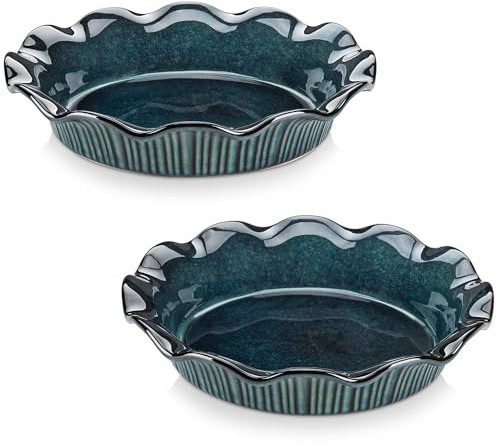 vancasso Stern Ceramic Pie Pan, 9 inch Pie Pans with Ruffled Edge, Deep Pie Dishes for Baking, Round Pie Plates for Apple, Quiche, Pot Pies, Tart, Oven & Dishwasher Safe, Set of 2, Green