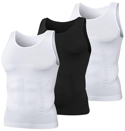 MEETYOO Mens Ärmlös 3-delat Set Body Shaper Bantning Mage Kompression Uppvärmd Väst Tank Top Shapewear, Vit + svart + vit, M