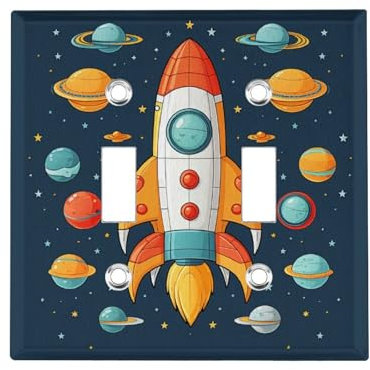 Wall Plates for Electrical Outlets Covers Double Light Switch Cover Plate Standard Size Rocket Clipart Space Ship Decorative Wall Plate Cover for Decorator Duplex Toggle