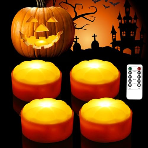 A.bigwhale LED Licht mit Fernbedienung, 4 Stück LED Jack-O-Lantern Lichter, Halloween Kürbis Lichter Lampe, Batteriebetriebene Flammenlose Kerzen, Nachtlicht, Teelichter, für Kürbis Halloween Deko