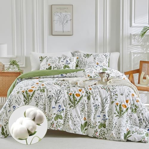 Lekesky 100% Cotton Duvet Cover Double White Bedding Set, Printed Orange Floral and Plants Double Duvet Set with Pillowcases Zip Closure, Cotton Duvet Cover, White/Printed