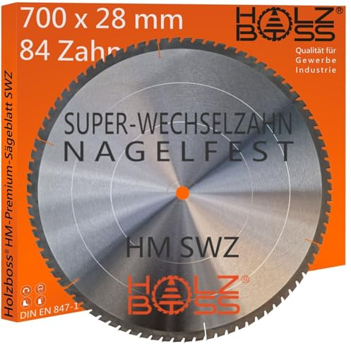 Holzboss ® HM-Sägeblatt 84x Zahn nagelfest SWZ 700 x 28 mmØ Super-Wechselzahn HW Kreissägeblatt für 700x28 mm Wippsäge Tischkreissäge Brennholz mit Betonbeschlag Feinschnitt Holz Acrylglas
