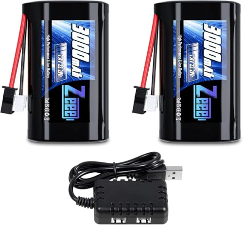 Zeee 3000mAh 7,4V Li-Ion Akku mit SM2P Stecker(2pcs) | RC Batterie für wiederaufladbarer kompatibel mit 4WD Hochgeschwindigkeits-RC-Autos im Maßstab 1/10, 1/12, 1/16