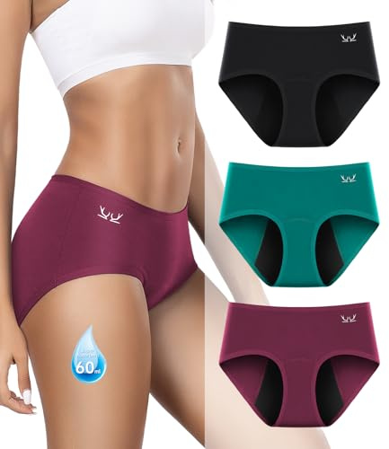 Benirap Periodenunterschwäsche Starke Blutung 60ML, Hohe SaugfäHigkeit Perioden Unterwäsche, Atmungsaktiv Menstruationsunterwäsche Damen (3er Pack) Schwarz Rot Grün XXL