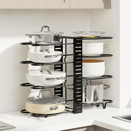 Yagosodee Pot Rack Organizers 8 Tiers Pots and Pans Rack Holder,Detachable Pot Lid Rack Height Adjustable Shelf Cookware Bakeware Stand Under Cabinet for Kitchen Pantry Cupboard Cabinet Storage