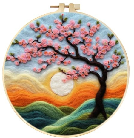 Meecaa Nadelfilz-Set für Anfänger: Pfirsichblüte, Sonnenlandschaft, Wollfilz-Zubehör, Stickrahmen, Wollmalerei und Nadelfilzwerkzeuge