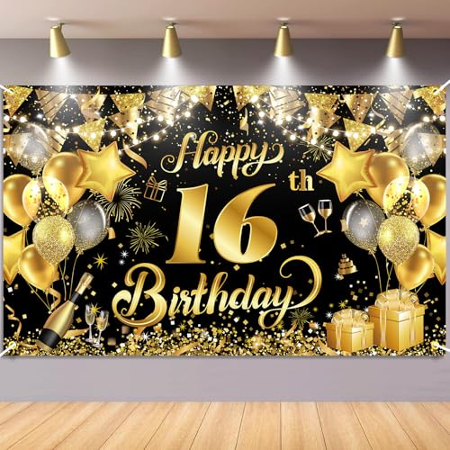 16.Geburtstag Banner Schwarz Gold, Waylipun Geburtstag Party Dekorationen, Geburtstagsbanner Hintergrund Banner für Jungen Mädchen, 180×110cm