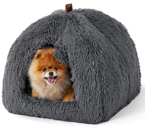 Bedsure Cuccia per gatti grande - 44x44x44 cm Casetta per gatti in peluche per interni con cuscino rimovibile e giocattolo appeso, lettino per gatti lavabile, grigio scuro