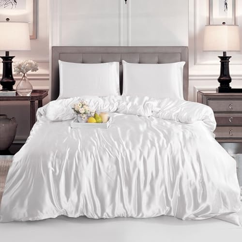 Satin Silk Complete Bedding Set - 6 PCS - Fitted sheet, Duvet Cover, 4 Pillow Cases (WHITE, Double)