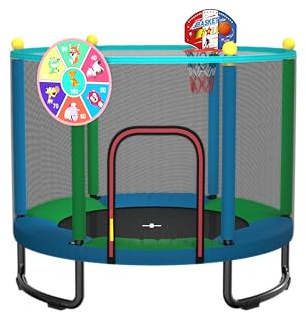 Maxbinton Trampolino per bambini da 150 cm per interni/esterni – con rete di sicurezza, canestro da basket e accessori da gioco, regalo di compleanno e Natale per ragazzi e ragazze