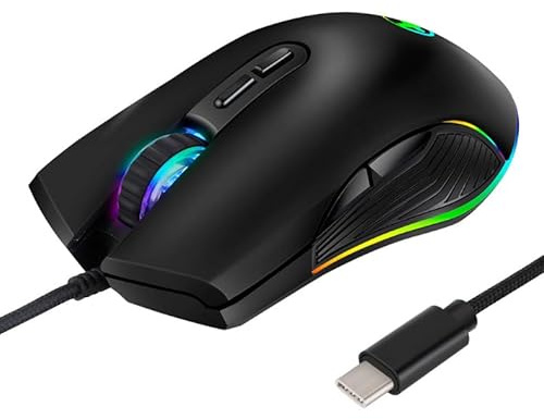 Wired USB C Mouse,Gaming 4 Colors LED RGB Backlight Optical Type-C Mice with 1.8m Cable,3200D-PI 7 Buttons Ergonomic Silent for Office,Phone,Tablets,Laptops,Mac,Surface,Chromebook,HP, DELL XPS, ASUS