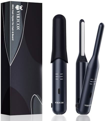 VIKICON Bartglätter für Männer, 2-in-1 Mini Haarglätter & Curler, Kabelloses Akku Glätteisen mit 3 Temperaturstufen, Glätteisen für Bart, Kurzhaar & Reisen(Marineblau)