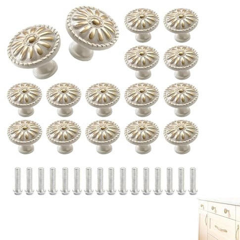 Bouton de Porte Blanc, 16Pcs Poignées de Meuble Vintage Ronds pour Cuisine, Tiroirs, Armoires, avec Vis Incluses, Design Élégant et Résistant en Aluminium pour Améliorer Votre Décoration Intérieure