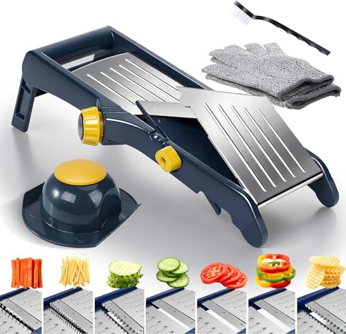 Masthome Adjustable Stainless Steel Mandoline Vegetable Slicer, 10-in-1 | Dishwasher Safe, BPA-Free, Hand Guard-Cut Resistant Gloves and Cleaning Brush, for Kitchen Food Fruit Potato Onion
